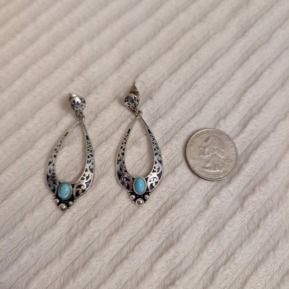 Vintage-Style Silver Filigree Turquoise Drop Earrings
